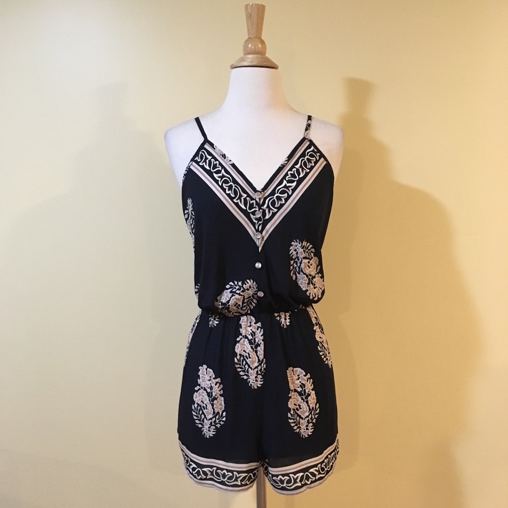 Modern Floral Print Waisted Button Front Romper - Picture 5 of 7